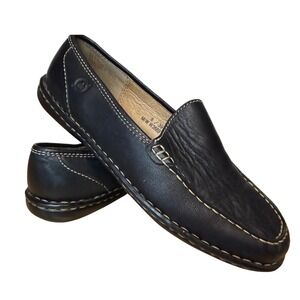 Born Black Leather Loafers Womens 8 Slip On Moc Toe Contrast Stitch W3669 C6